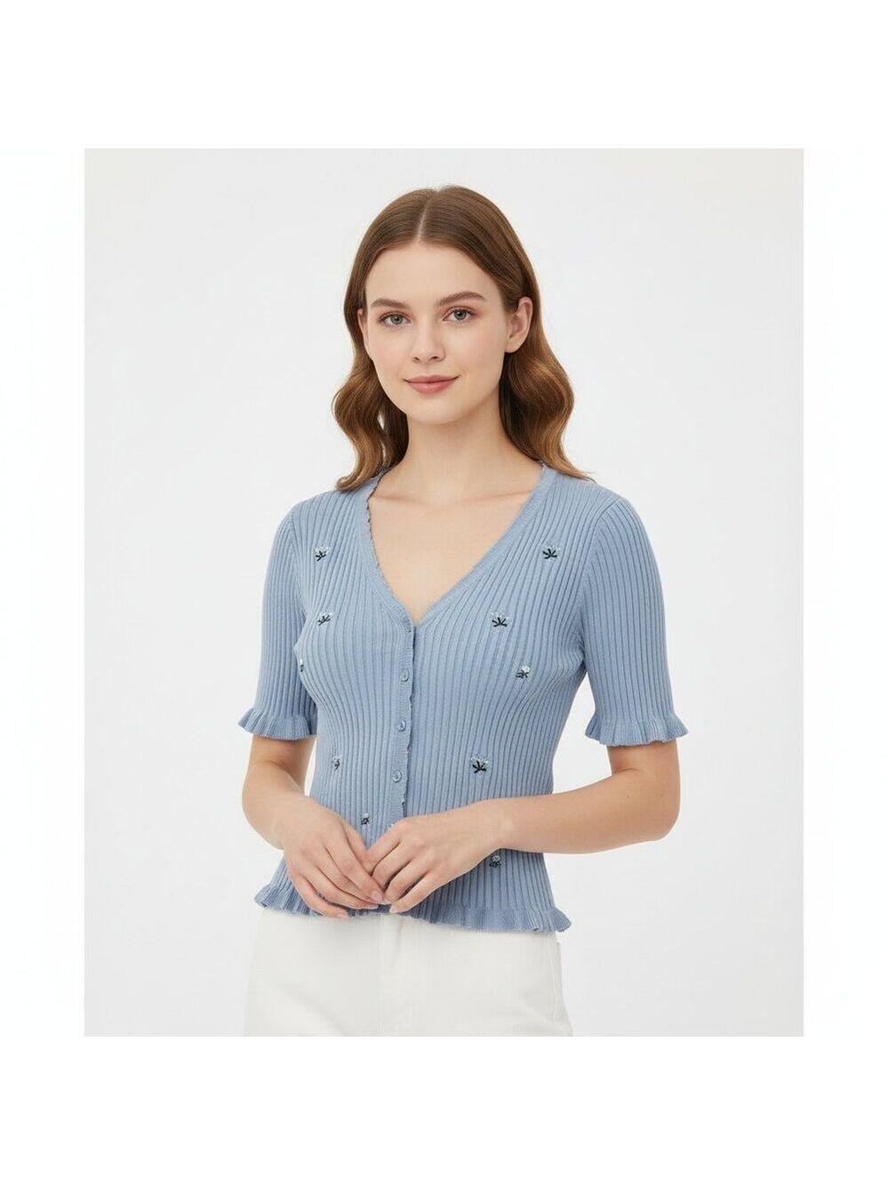 Only Light Blue Ribbed Cardigan Floral Embroidery Ruffle Trim- Size Small